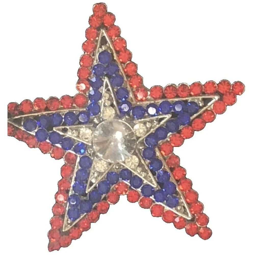 Patriotic July 4th Napkin Rings Red White Blue Silver Star Rhinestone Set of 4